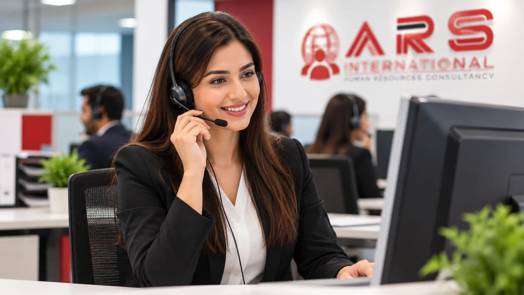 Customer care representative wearing a headset assisting with enquiries